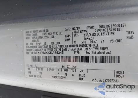 2019 Ford Transit-350 Xl из США, поврежденный, VIN 1FBZX2YMXKKA65245